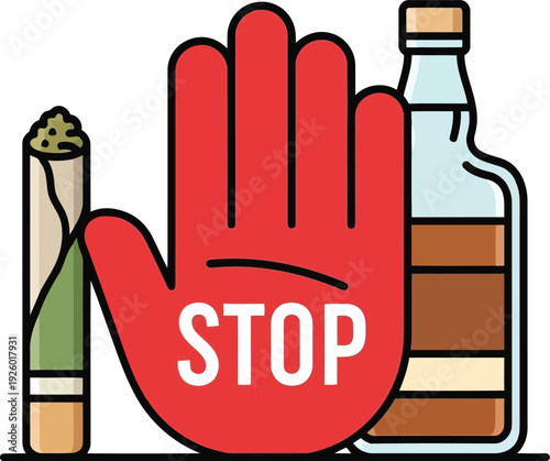 Stop Sign Hand Warning Against Alcohol and Marijuana Use – Substance Abuse Prevention Concept Illustration