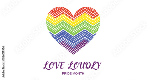 LGBTQ Pride Month icon, Love Loudly text, rainbow heart