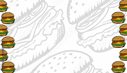 Burger background Pattern. Hand Drawn Fast Food Illustration. Cheeseburger Repeating Background. Minimal Doodle Vector Texture.