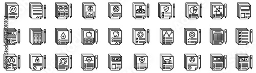 Report icons collection. Vector illustration.Report Card, Contract, Evaluation, Money, Petition, Hierarchical Structure, Health Report. Pro Vector	
