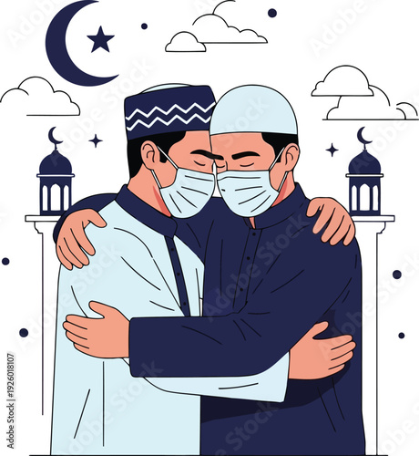 Muslim men hugging with face masks during Eid celebration, night sky and mosque background, pandemic safety