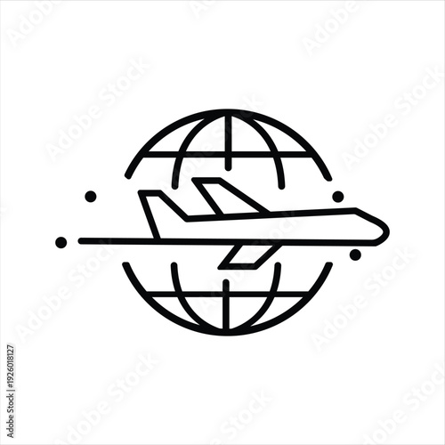 Simple air cargo business logo with airplane flying around the globe, vector.