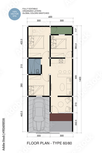 A Professional Architectural 2D Modern House Floor Plan Design Type 60/80 with 3 Bedrooms and Carport. 4