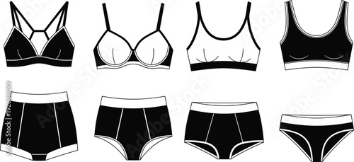 Women sports bra and panties silhouettes set black and white vector illustration isolated lingerie collection design