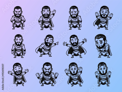 Quadro su tela Chibi Heracles Cartoon Mascot Expressions Set - Greek Mythology