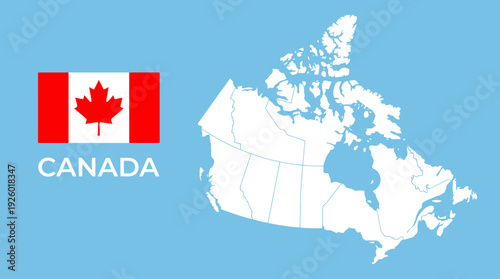 Canada Flag and Map Illustration: National Symbol and Detailed Outline of Provinces and Territories on Blue Background