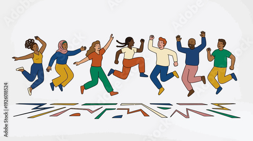 Joyful Diverse Group Celebrating Unity and Progress with Dynamic Leaps