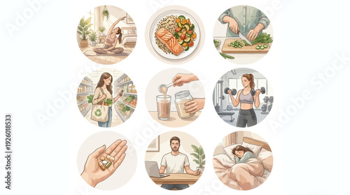 Comprehensive Healthy Lifestyle Habits: Yoga, Nutrition, Fitness, Mindfulness, Sleep, and Wellness Illustration Set
