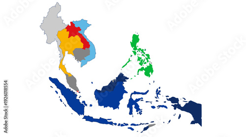Political Map of Southeast Asia with ASEAN Member Countries Highlighted in Distinct Colors