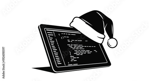 Happy Holidays! A Festive Christmas Santa Hat Adorns a Computer Screen Displaying Code, Perfect for Tech-Themed Seasonal Greetings and Celebrations
