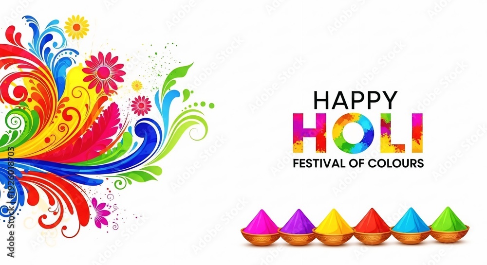 Obraz premium Happy Holi Festival Greeting Card with Colorful Floral Design and Gulal Powder