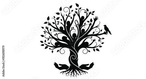 Stylized silhouette of a vibrant community tree, symbolizing unity, growth, and interconnectedness, with people forming branches and supportive hands at the roots, and a bird observing