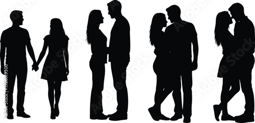 Romantic couple silhouettes holding hands hugging kissing black and white vector illustration collection relationship love concept