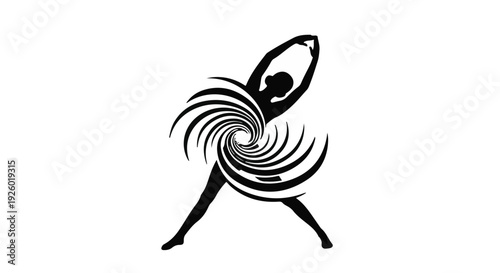 Silhouette of a woman in a dynamic pose with swirling patterns, representing energy and movement