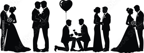 Same sex wedding couple silhouettes proposal and marriage scenes black and white vector illustration collection isolated