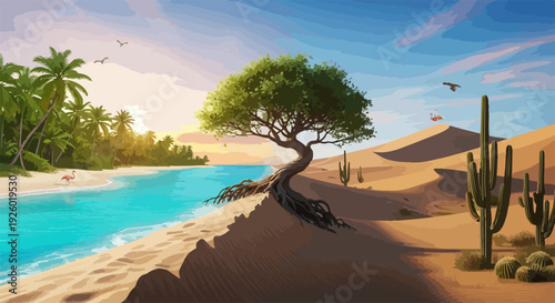 Serene desert oasis landscape with tree cacti and sandy beach by calm turquoise water under blue sky with wispy clouds