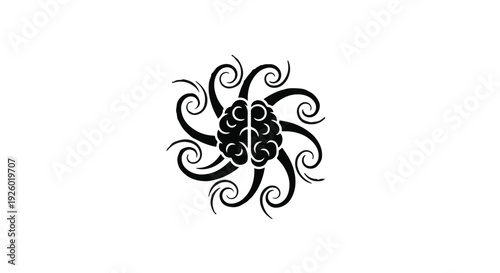 Stylized human brain illustration with dynamic swirling abstract patterns, symbolizing complex thought, creativity, and mental processes for conceptual designs and innovation