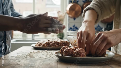 Hands rolling meatballs on plates in a kitchen