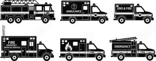 Emergency response vehicles silhouette collection ambulance fire truck EMS rescue units black and white vector illustration set