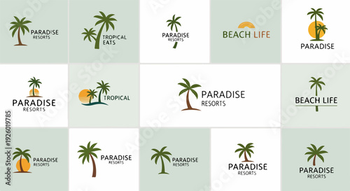 Collection of tropical paradise logos with palm trees and beach themes on various backgrounds