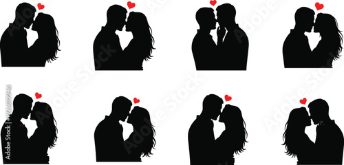 Romantic couple silhouettes with red hearts kissing intimate love moments black and white vector illustration collection isolatedRomantic couple silhouettes with red hearts kissing intimate love 