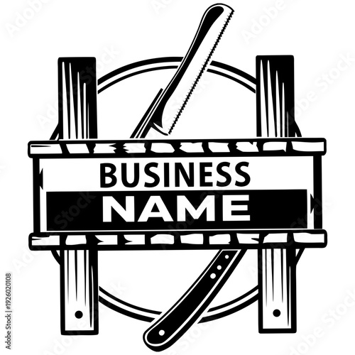 Vintage Barber Shop Logo Template with Straight Razor and Wooden Frame Vector Illustration