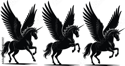 Black Pegasus Unicorn Silhouettes with Spread Wings Isolated on White Background, Mythical Flying Horse Illustration in Rearing Pose for Fantasy Design and Decorative Artwork