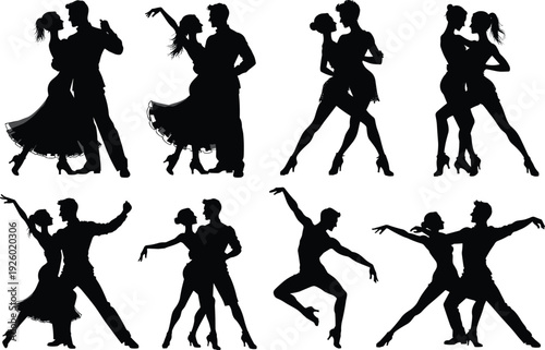 Collection of ballroom dance couple silhouettes in elegant poses, romantic Latin and tango dancers isolated on white background, professional performance vector set