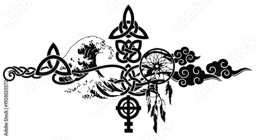 Mystical Celtic knotwork intertwines with nature elements like waves and clouds, evoking a sense of ancient wisdom and spiritual connection.