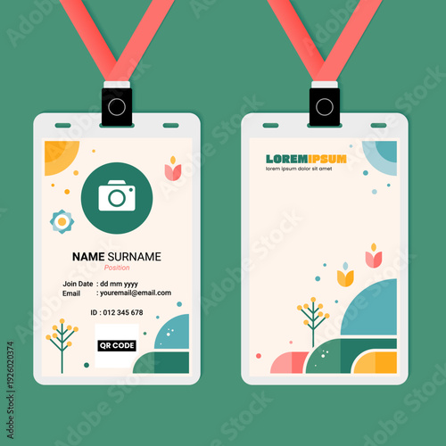 Professional ID card template with photo placeholder and colorful geometric nature ornaments