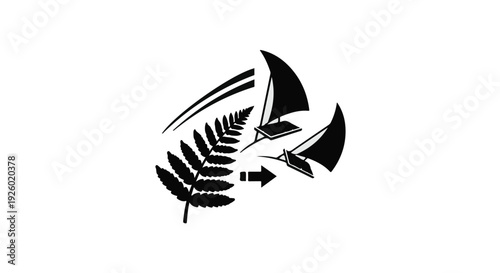 Dynamic cultural emblem featuring an intricate fern frond intertwined with stylized traditional vessels in a swirling, graceful design, symbolizing heritage, nature, and forward motion