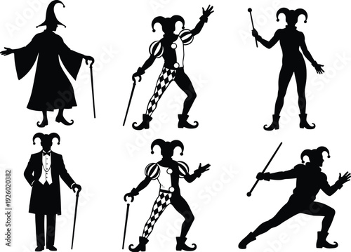 Collection of jester and magician silhouettes in theatrical poses, medieval clown characters with staff and wand isolated on white background vector set
