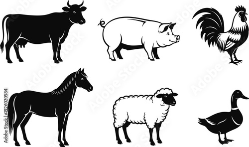 Black and white farm animal silhouette collection featuring cow pig rooster horse sheep duck vector illustration set