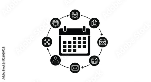 Calendar surrounded by circular icons representing tasks and events for planning and organization.