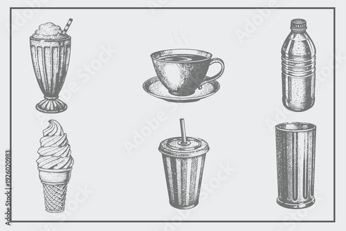 set of hand-drawn vintage wine Milkshake, Cup, Glass, Ice Cream, Coffee cup, Bottle vector illustration. Engraving style cafe menu design elements confectionery white background