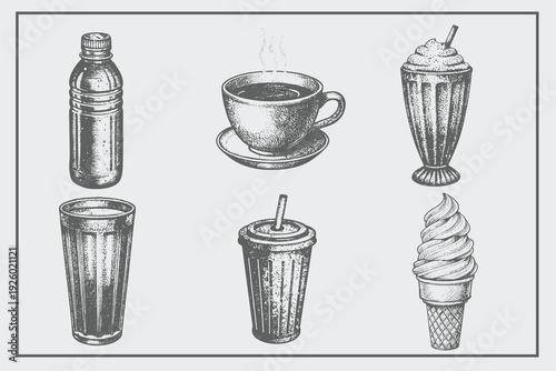 Vector hand drawn Cup, Glass, Ice Cream, Coffee cup, Bottle, Milkshake illustration in vintage engraved style. Different types design. Dessert, sweets, menu design, restaurant, shop. Isolated on whit