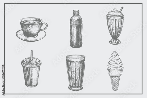 set of hand-drawn vintage wine Milkshake, Cup, Glass, Ice Cream, Coffee cup, Bottle vector illustration. Engraving style cafe menu design elements confectionery white background