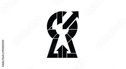 Abstract symbol representing progress and direction with arrows within a circular and triangular shape.