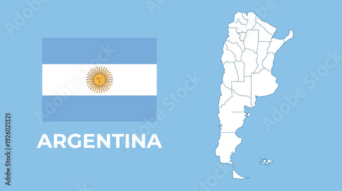 Argentina National Symbols: Flag, Map with Provinces, and Country Name on Blue Background