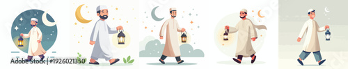 vector of a Muslim man walking carrying a Ramadan lantern