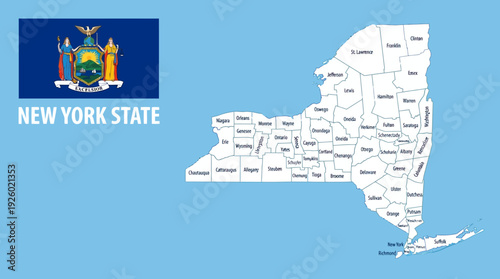 New York State Map with Counties and Official Flag - Detailed USA Geography Illustration