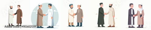 vector of fellow Muslim brothers men shaking hands and forgiving each other on Eid Mubarak