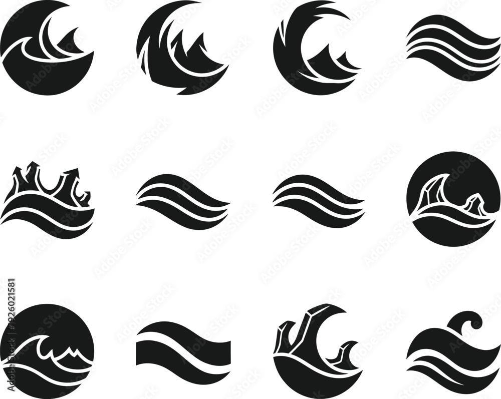 Naklejka premium Set Of Twelve Black Abstract Ocean Wave Silhouettes And Water Splash Icons