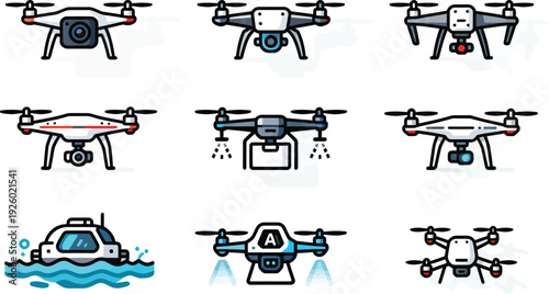 Set Of Various Industrial Drone Icons Including Delivery And Surveillance Models
