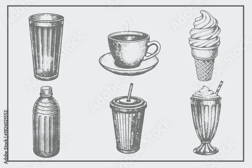 hand drawn Coffee cup, Bottle, Milkshake, Cup, Glass, Ice Cream in vintage engraving style. Different types of ice cream. Dessert, sweets, menu design, restaurant, shop. Isolated on white background