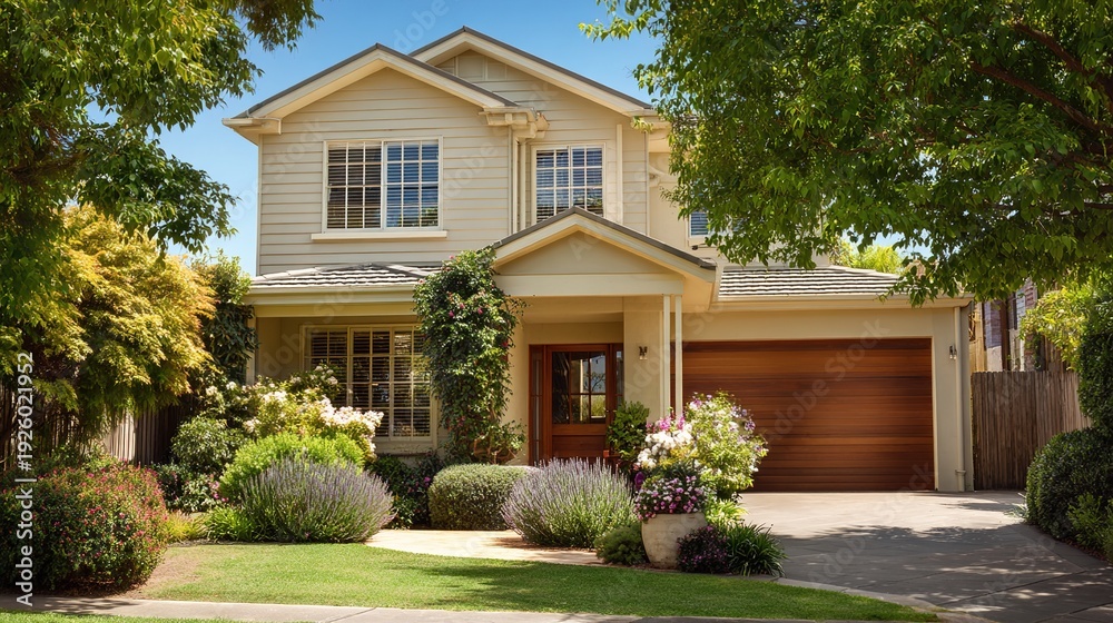 Fototapeta premium frontyard. A charming suburban house with a well-kept front garden, bathed in daylight. real-estate listings.
