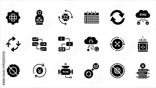Collection of monochrome icons representing technology, settings, and concepts in a grid layout, digital illustration, 37.eps reference