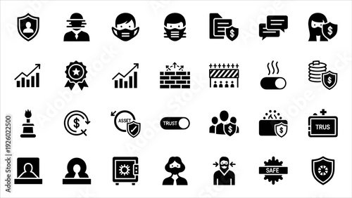 Collection of Business and Technology Icons Representing Security and Data Analysis in a Simple, Modern Style on a White Background