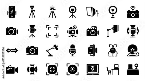 Collection of black camera and media icons on a white background displayed in a grid layout from a front viewpoint