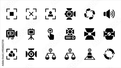 A collection of black icons on a clean white background representing various multimedia functions and settings, 49.eps file reference